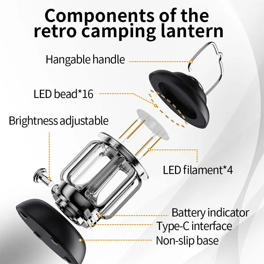 Outdoor Camping Lantern Portable USB Rechargeable Lamp Retro LED Light For Emergency Fishing Hiking Tent Nightlight Waterproof