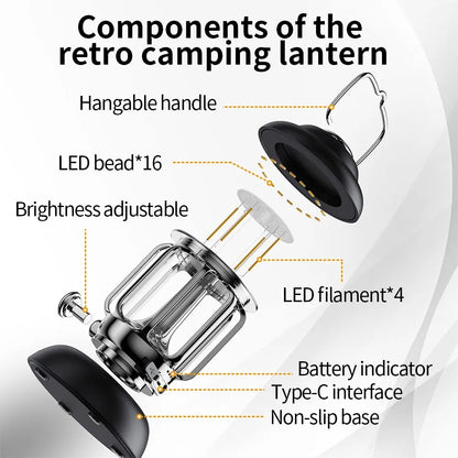 Outdoor Camping Lantern Portable USB Rechargeable Lamp Retro LED Light For Emergency Fishing Hiking Tent Nightlight Waterproof