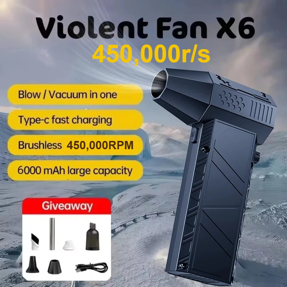 450,000RPM X6 Air Blower – Powerful Dust Vacuum Cleaner, Fast Charging, Brushless Fan for Car &amp; Computer"